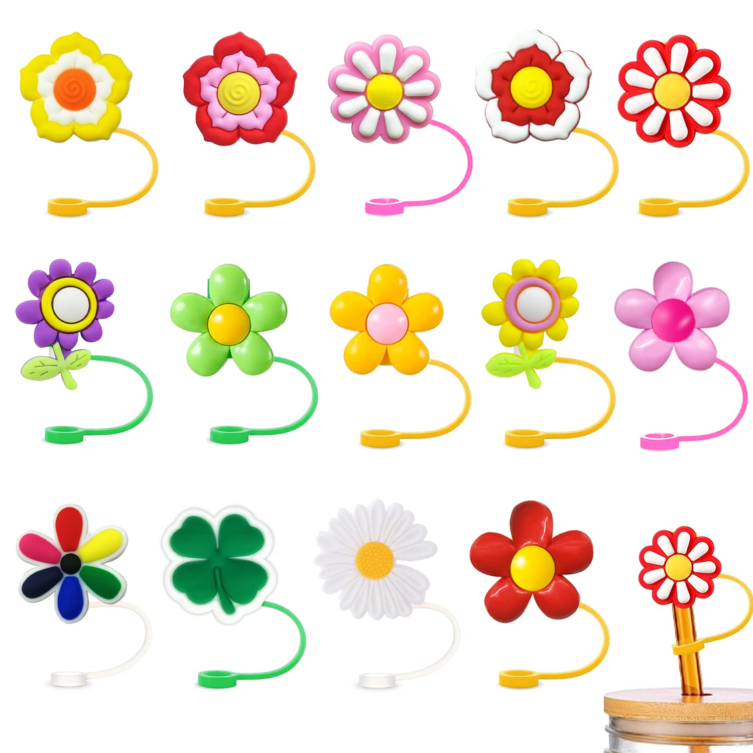 14 Pieces Silicone Straw Cover Cap Colored Flower Blossom Cute Anti-dust Straw Tips Set Reusable Straws Plug for 6-8 mm(1/4 Inch) Straw Travel Home Outdoor (Flower)