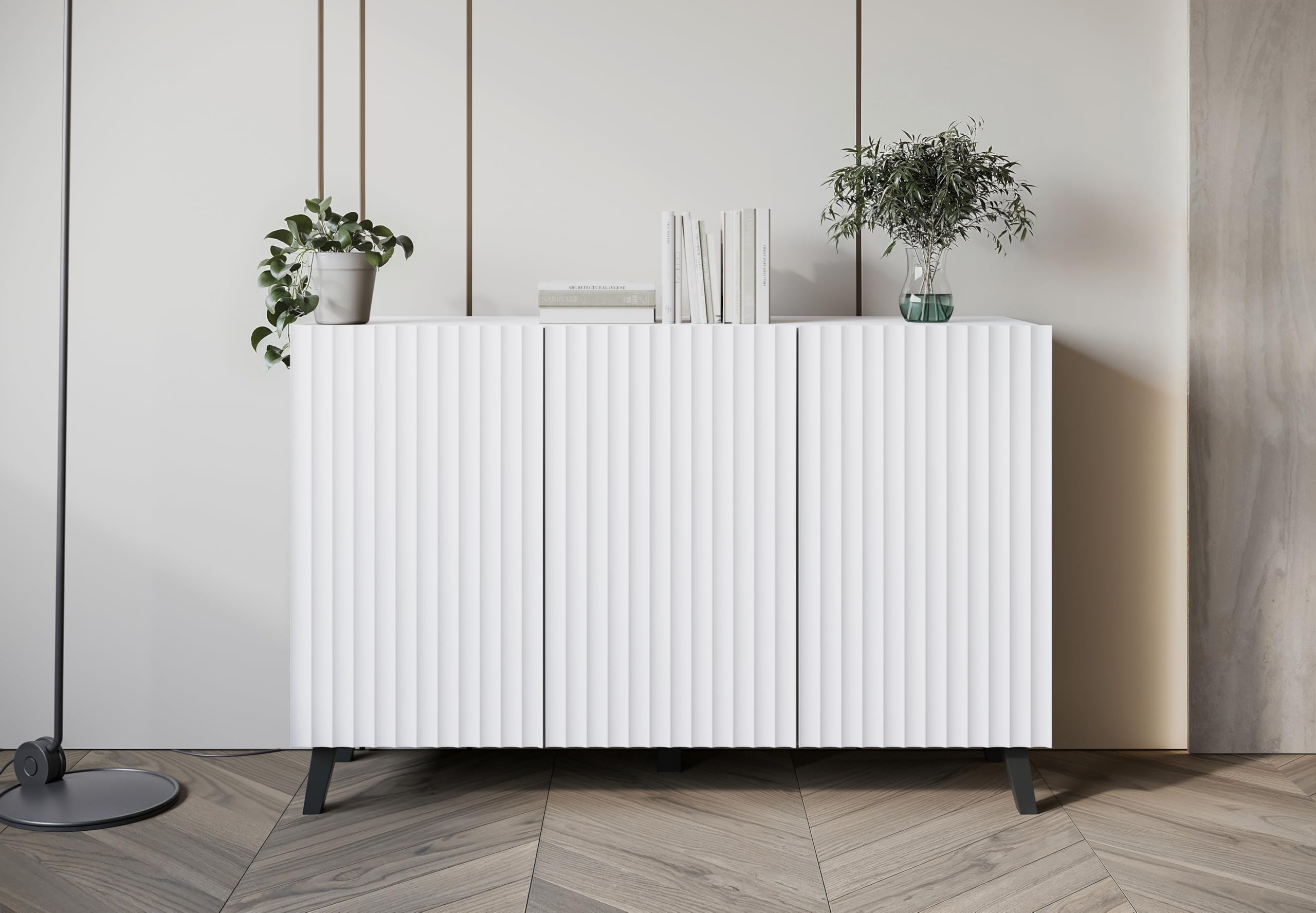 Phuket Sideboard 120 cm, Sideboard mit 3 Türen, Kommode mit Beinen, Wohnzimmermöbel, gewellte Fronten, weiß gewellt