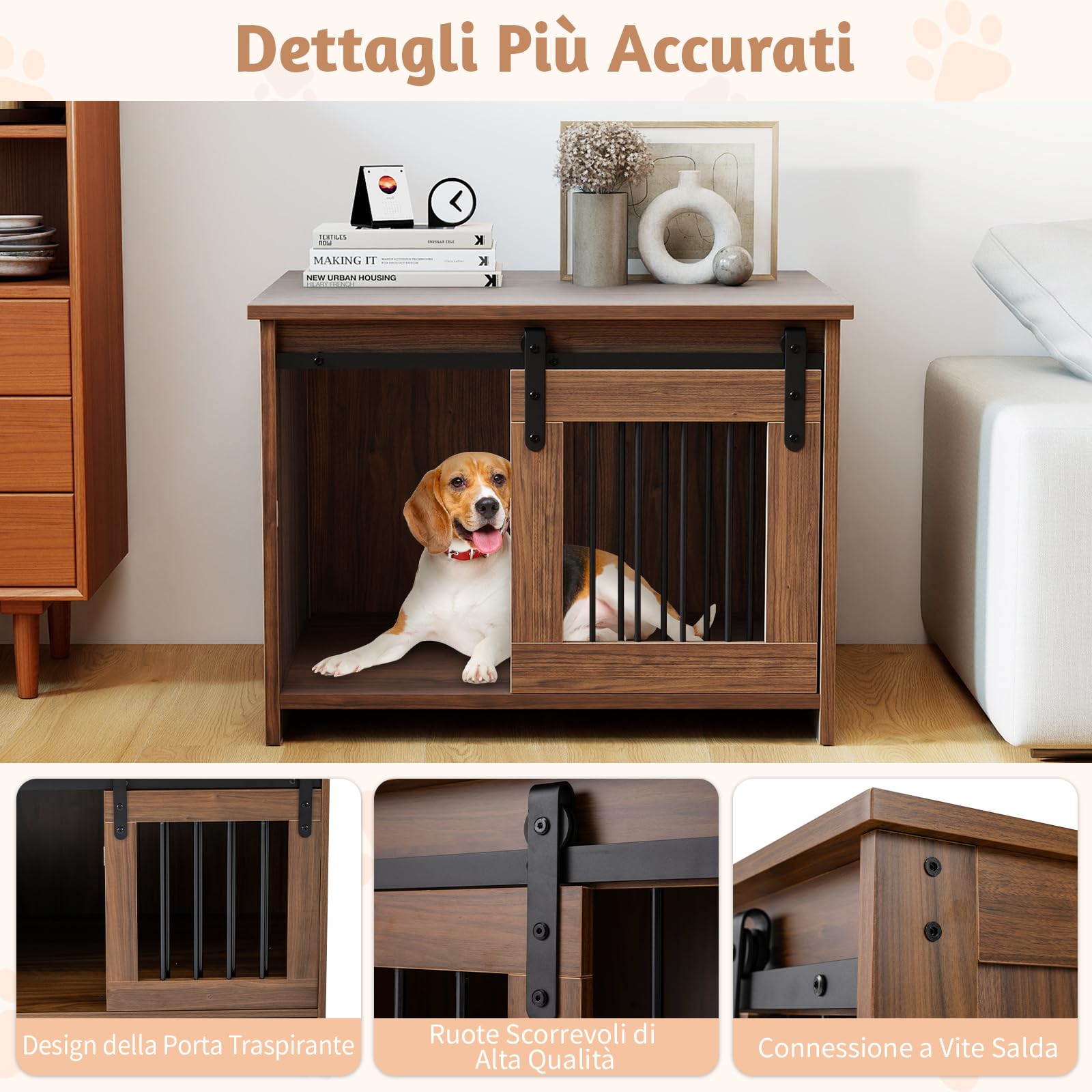 COSTWAY Cuccia per Cani da Esterno ed Interno, Gabbia in Legno con Ampio Piano Superiore, Porta Scorrevole, Tubi in Metallo Resistenti alla Masticazione, Casetta per Cani Piccoli e Medie (Marrone)
