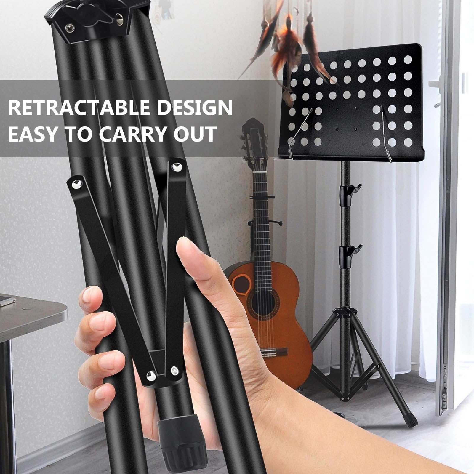 Atril para Partituras Portátil y Plegable de Acero y Abs en Color Negro, Soporte Práctico para Libros de Música y Tablets Adecuado para Actuaciones y Tocar Guitarra