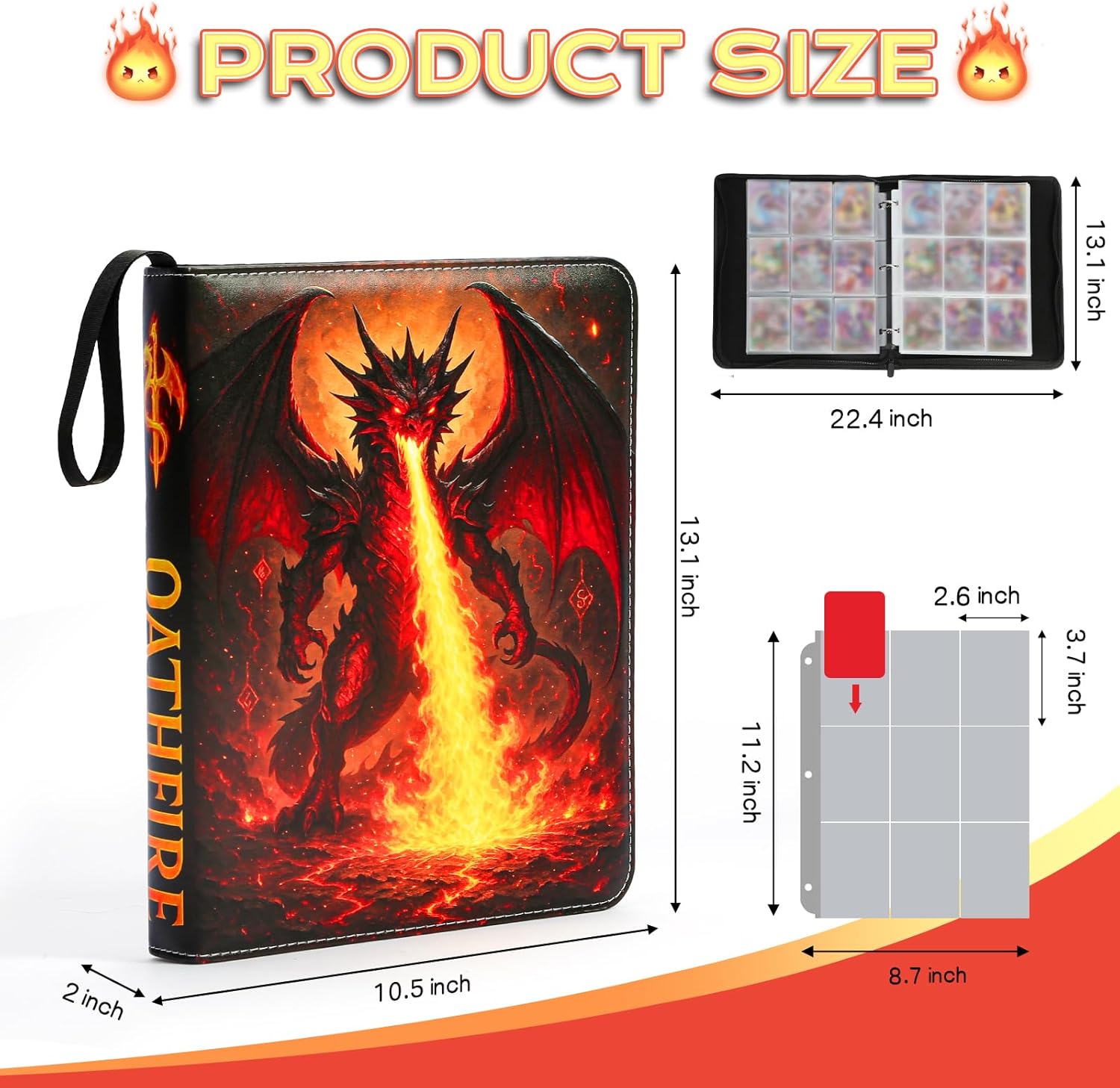 Card Binder for Pokemon Cards, 9-Pocket Zipper Binder Holds 900 Cards, Fire Dragon PU Leather Album, Fits TCG & MTG Cards