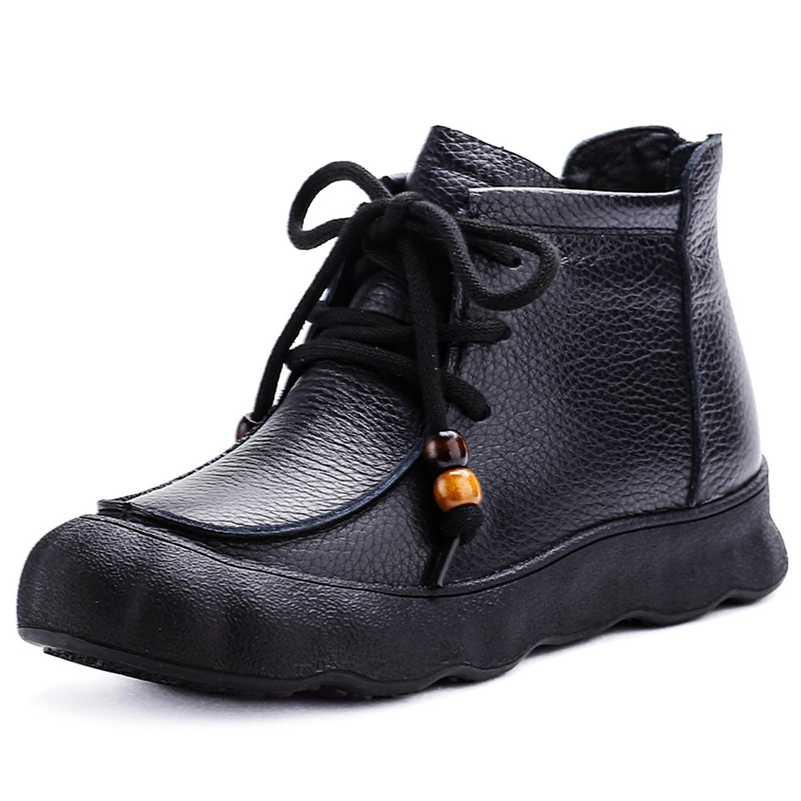 Womens Genuine Leather Lace Up Round Toe Retro Ankle Boots Comfortable Fur Lined Soft Sole Flat Casual Booties