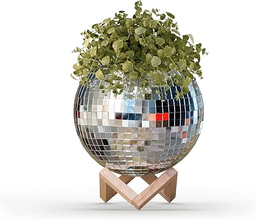 Miniatura 8 de MC Numuss Store Maceta de bola de discoteca, color plateado, 2 opciones de tamaño, cadena para colgar, cuerda de macramé, soporte de madera y