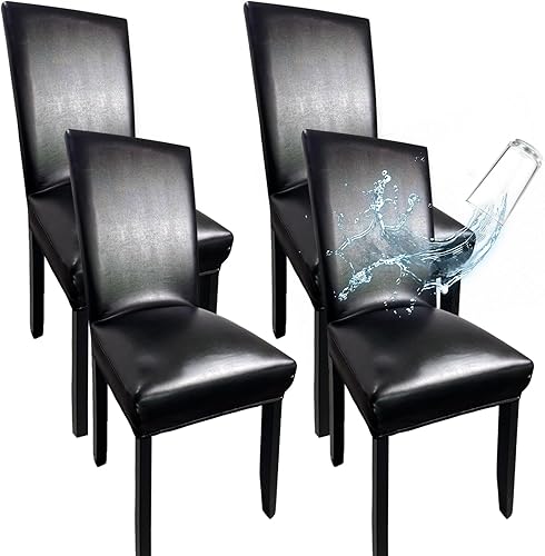 Juego de 4 fundas de cuero para sillas de comedor, súper elásticas, impermeables, para sillas de cocina, gruesas, lavables, fundas de asiento negras