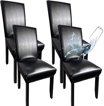 Leather Chair Covers for Dining Chairs Set of 4, Super Stretch Waterproof Kitchen Chair Covers Thickened Washable Dining Chair Slipcovers Black Chair Seat Covers for Dining/Kitchen/Banquet