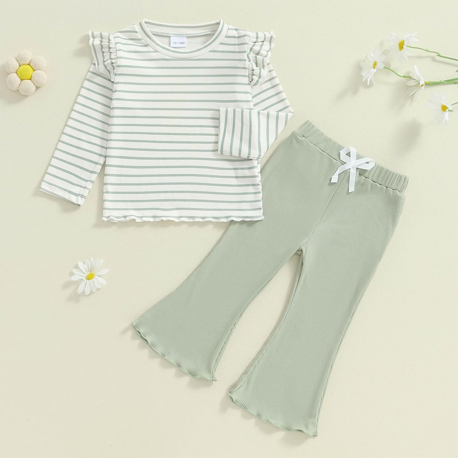 FOCUSNORM Toddler Baby Girl Outfits Ruffle Long Sleeve Striped Trim Tops + Flare Pants Set Toddler 2Pcs Fall Winter Clothes - Image 5