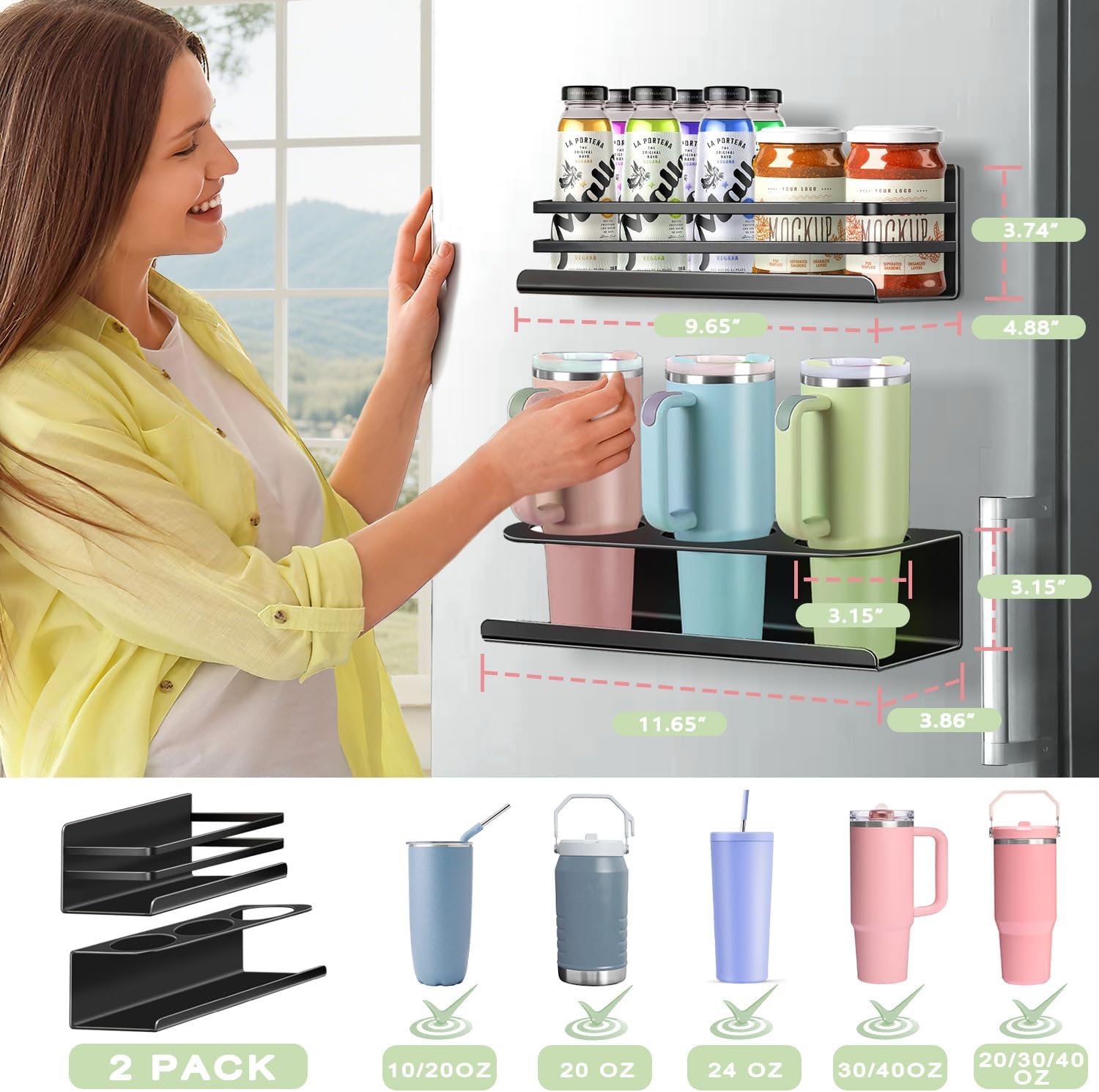 Magnetic Cup Holder for Fridge, Heavy-Duty 2 Packs magnetic water bottle holder for Stanley 30/40 oz Tumbler, Magnetic Spice Organizer Racks - Refrigerator Seasoning Organization Shelves for Kitchen