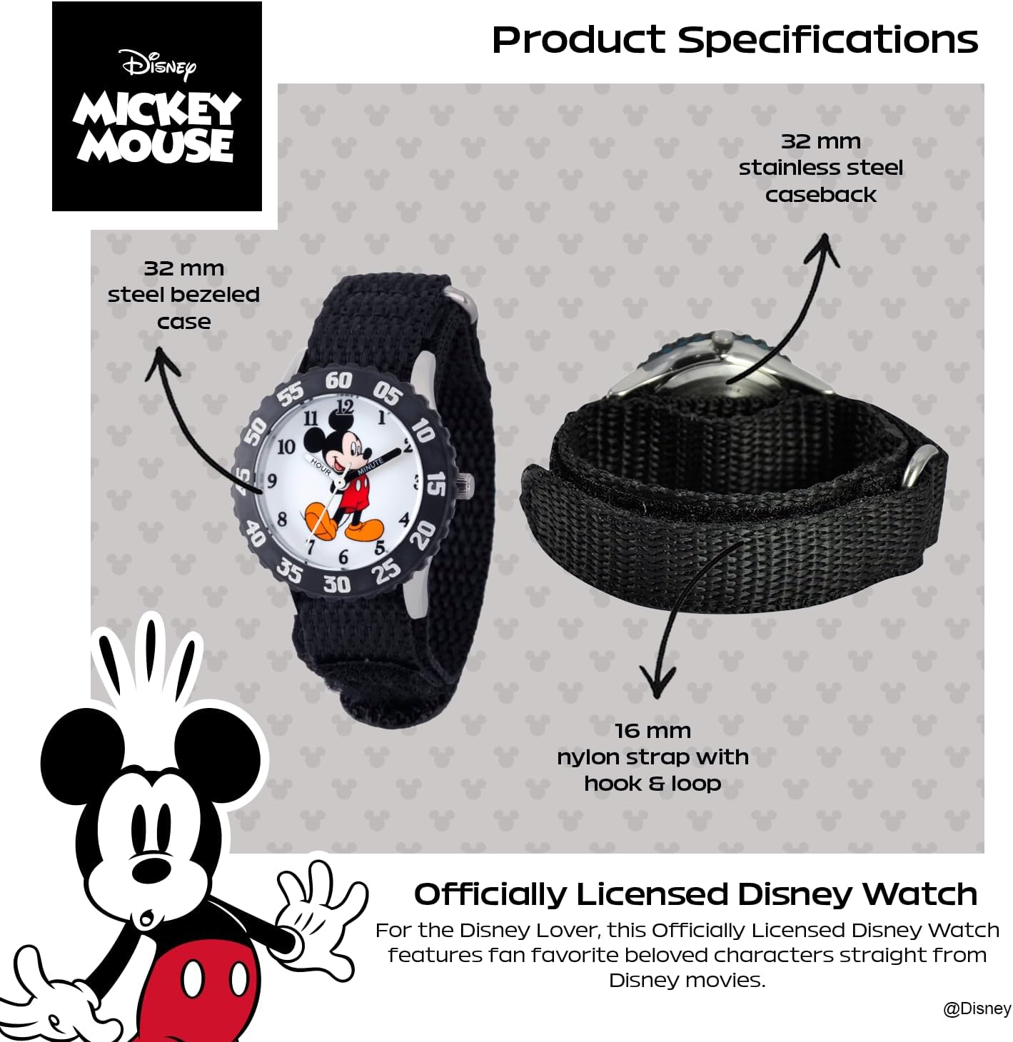 Disney Mickey Mouse Kids' Bezel Stainless Steel Time Teacher Analog Nylon Strap Watch