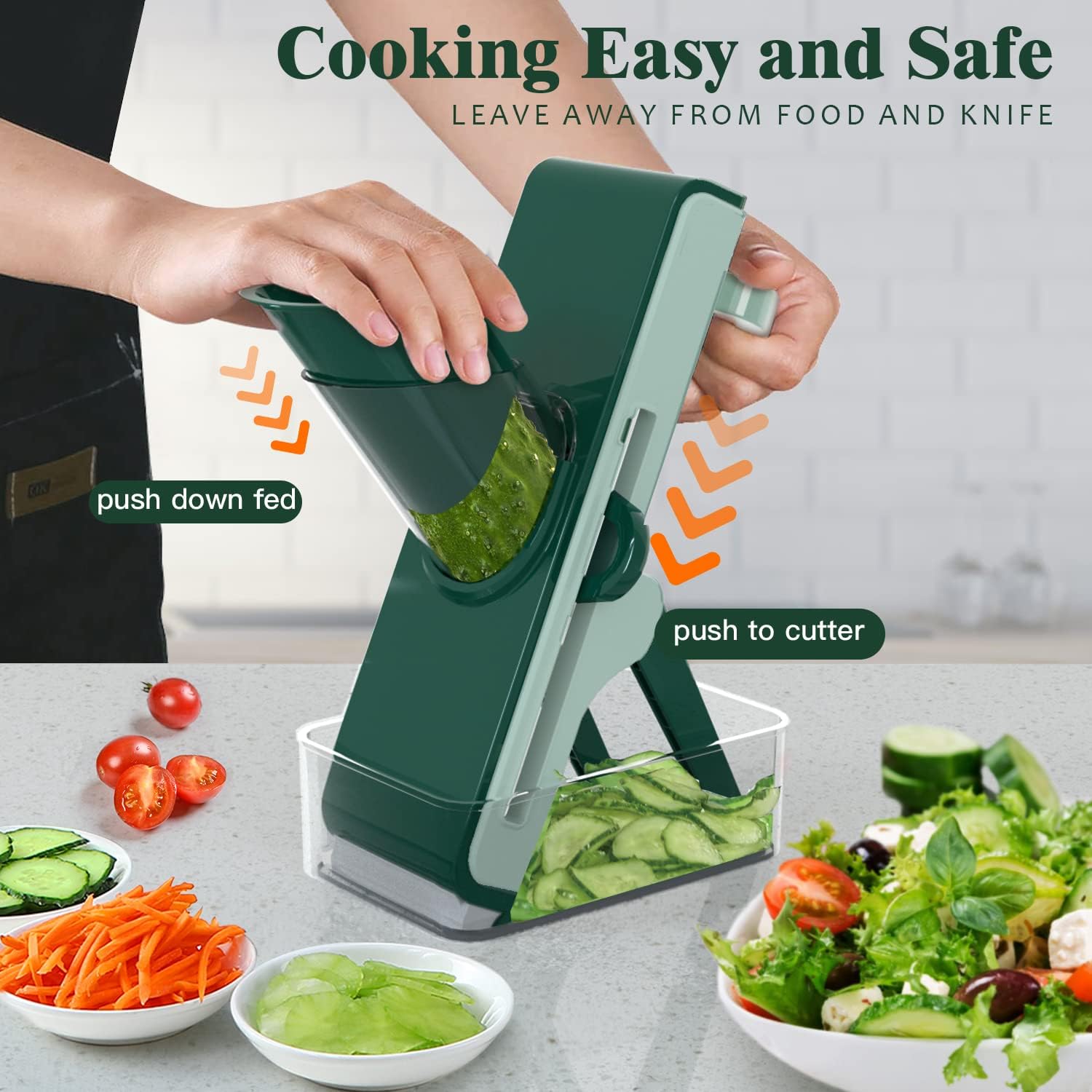 JOYHILL Vegetable Chopper, Safe Mandoline Slicer for Kitchen, Manual Veggie Julienne & Food Cutter for Potato/Onion/Garlic/French Fry/Meat with Container & 3 Insertable Blades