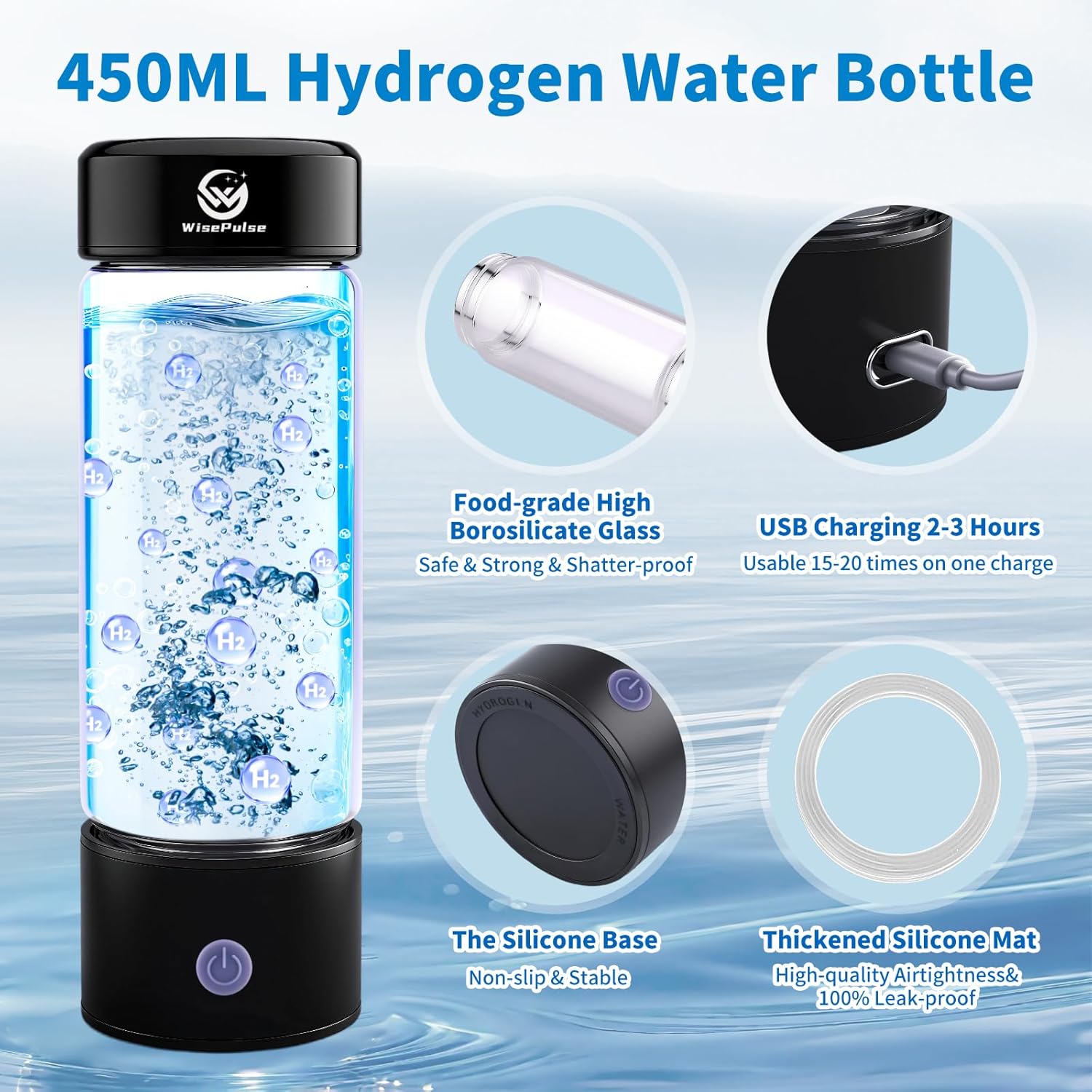 Hydrogen Water Bottle: 4500+ PPB Portable Hydrogen Generator with SPE PEM Tech, 15oz Double-Wall Insulated Glass, Rechargeable for Uses - Fast Hydration for Sports, Gym, Outdoor Travel, Healthy Gift - Image 7