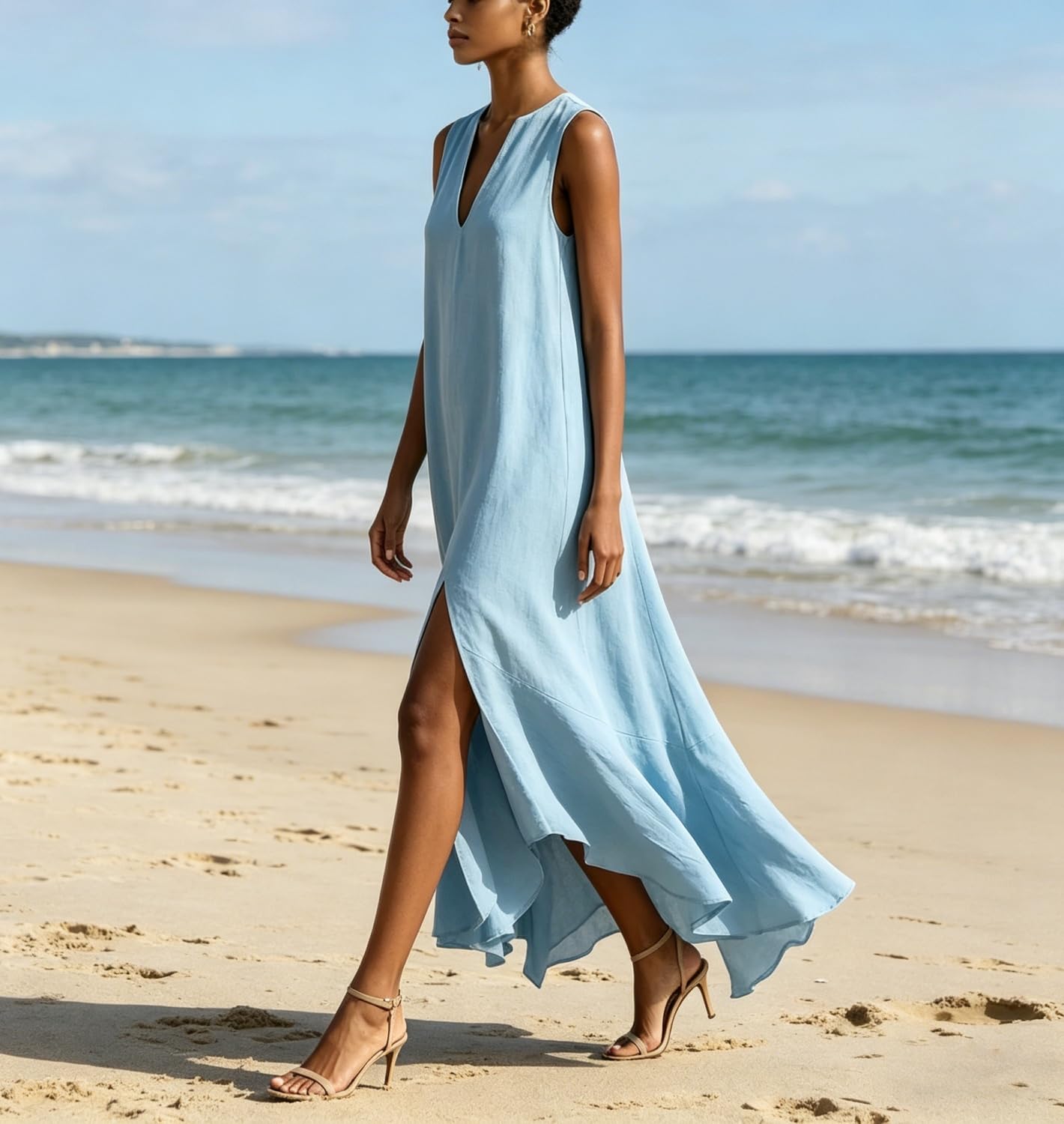 Vestido Largo asimétrico sin Mangas con Escote en V Profundo para Mujer – Vestido Largo sin Mangas con Escote en V y Patchwork de algodón sintético y Lino