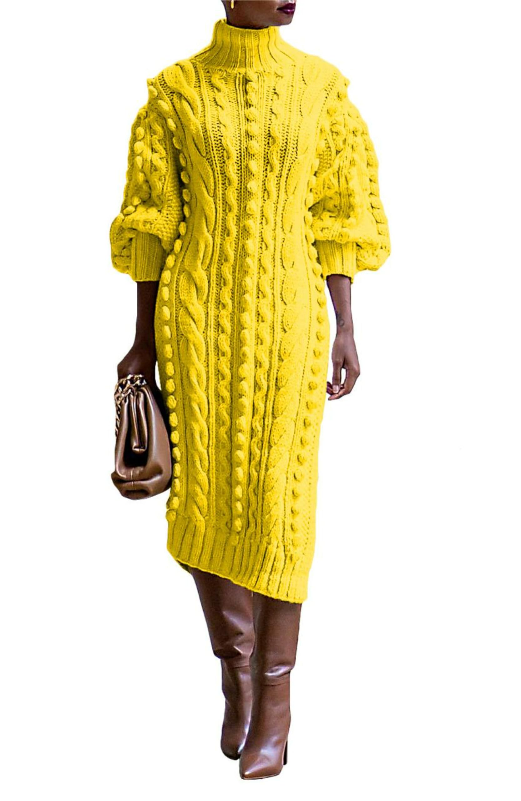 Women Puff Long Sleeve Turtleneck Maxi Sweater Dress Casual Popcorn Cable Knit Side Slit Pullover Dresses
