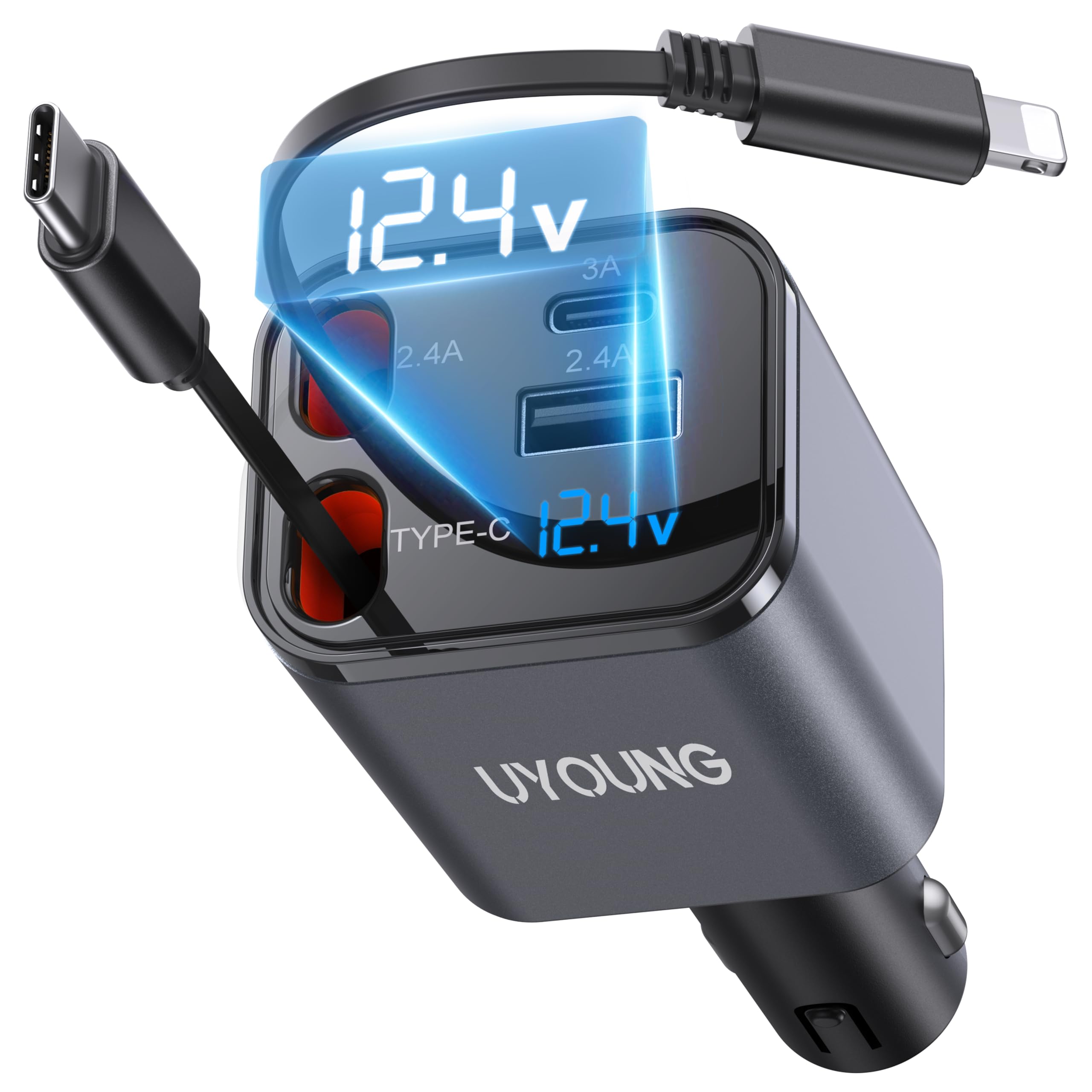 4 in 1 Retractable Car Charger, 4-in-1 Fast Car Phone Charger with 2 Retractable Cables 2.5FT and 2 USB Ports Compatible with i Phone 15/14/13/12/11 Pro Max/XR/XS,Galaxy,Pixel,iPad/iPod