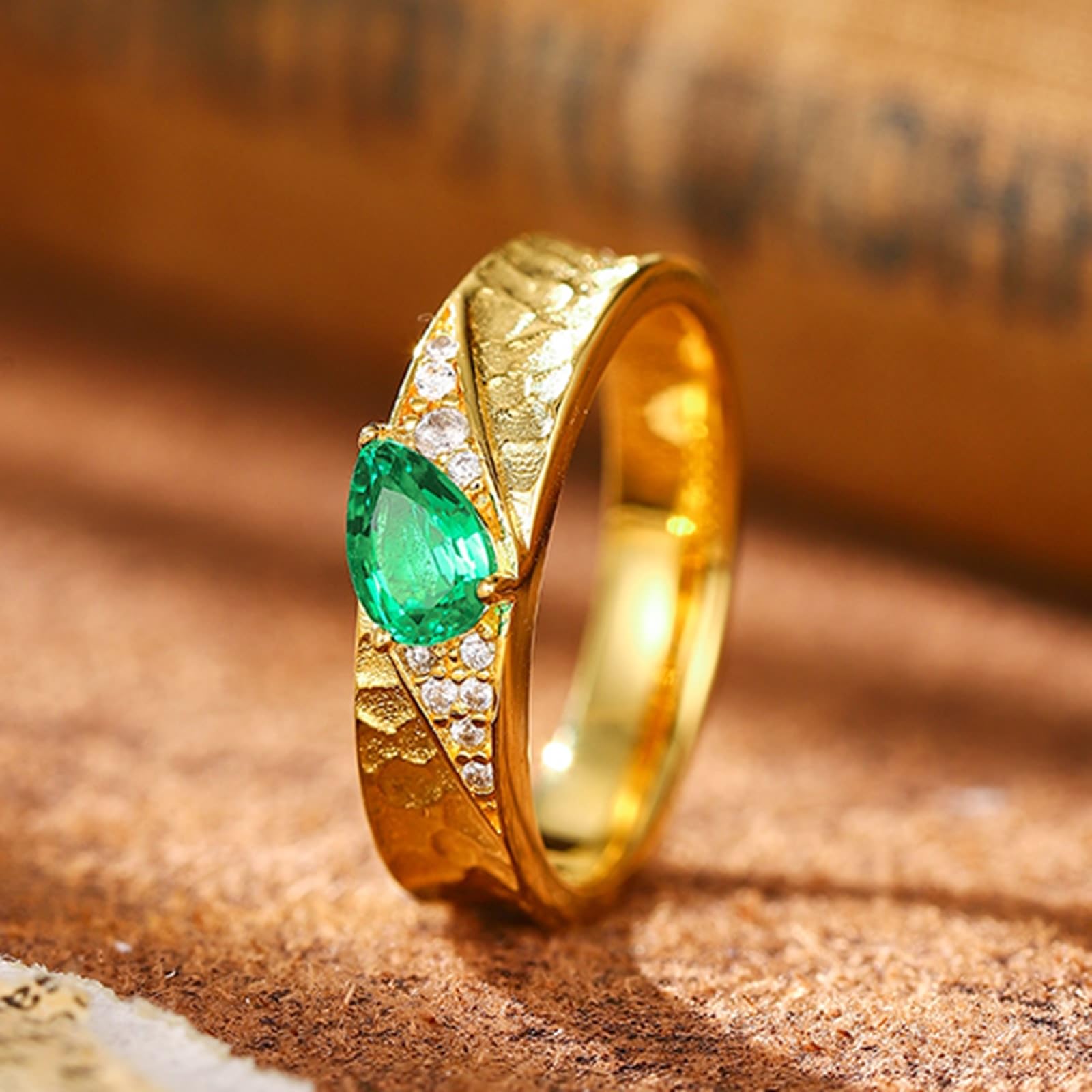 Bague de demande en or jaune 9 K/14 K/18 carats - Créée en laboratoire - Feuille d'émeraude - Véritable bijou moissanite - Au750/585/375 - Taille 47-70