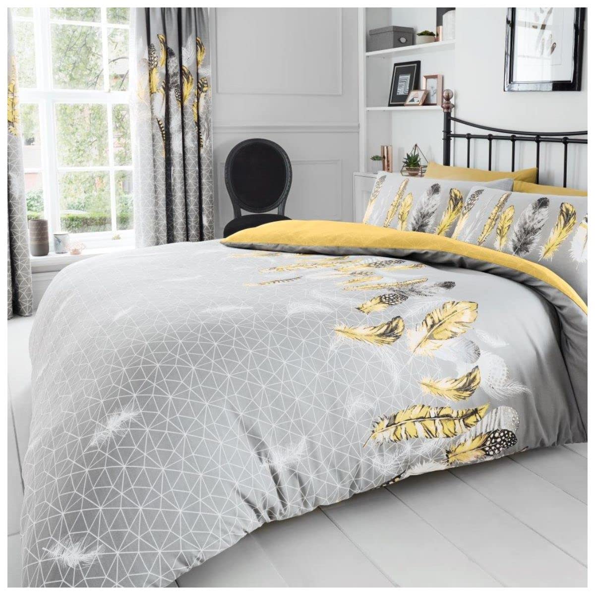 GC GAVENO CAVAILIA Geometrical Duvet Cover, Feather Bedding Set, Reversible Super King Bed Covers, Yellow