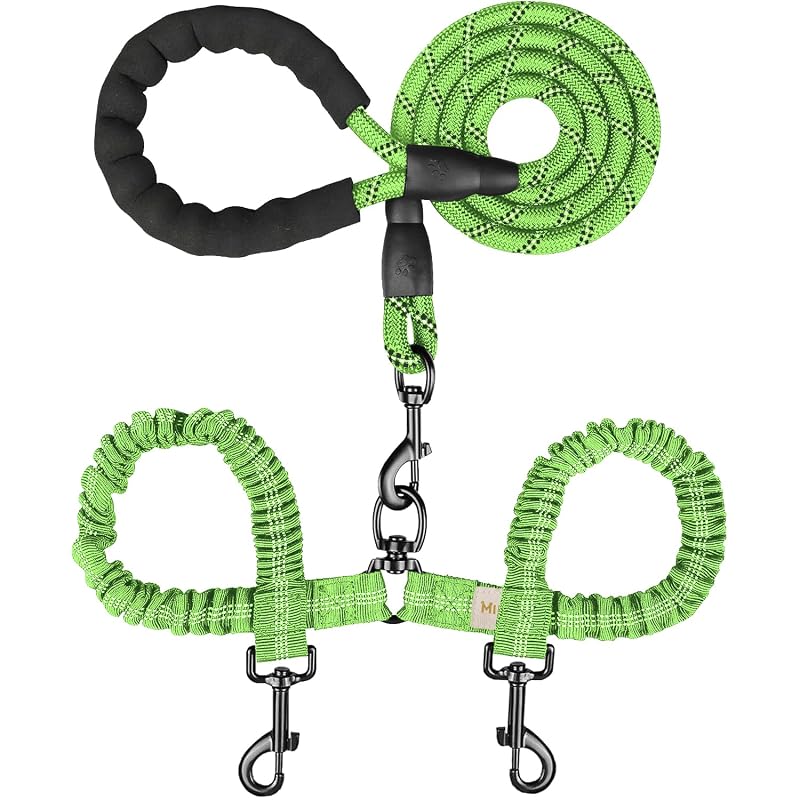 Guia dupla para cães com giro 360°, corda elástica e costura refletiva MingXpets Verde (Grande)