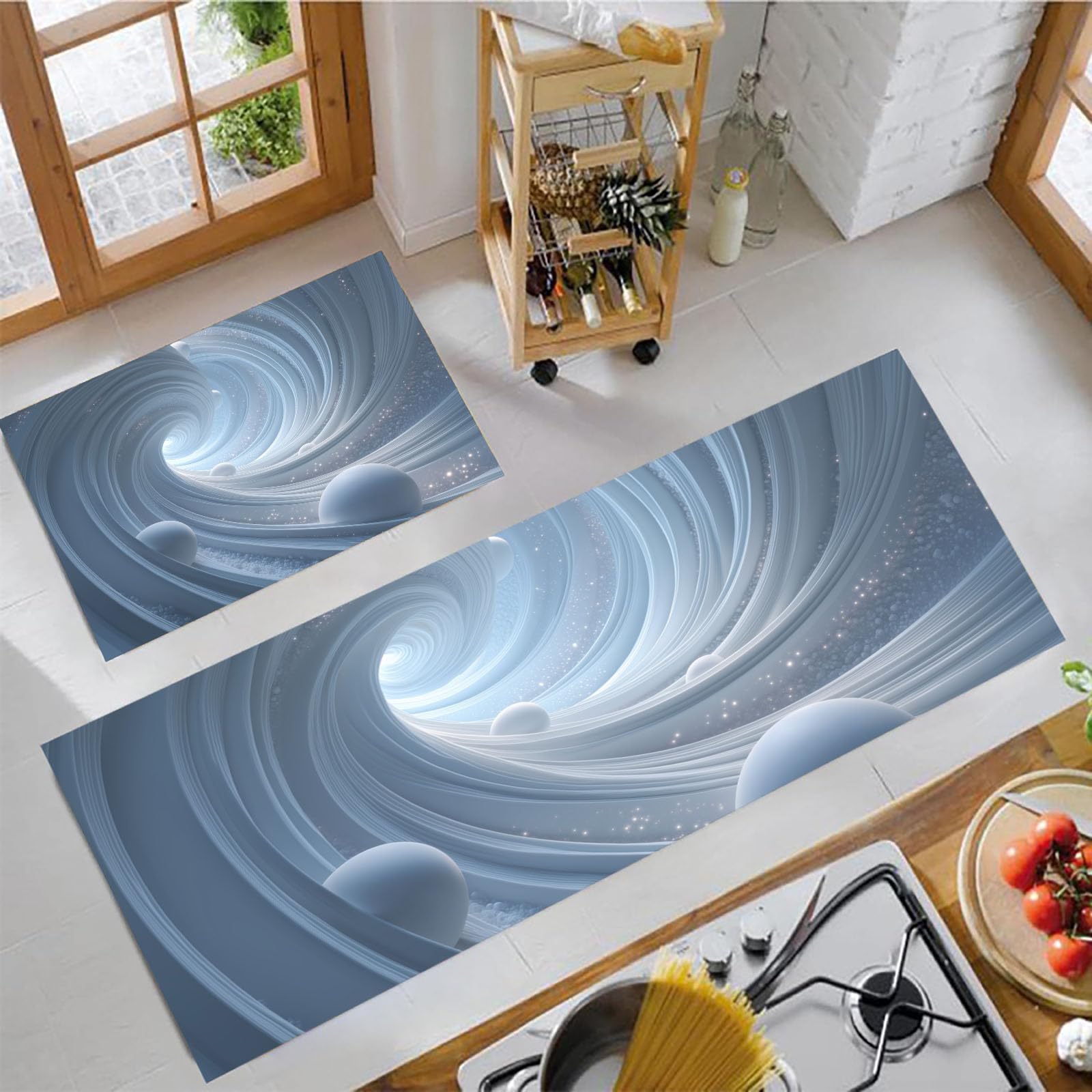 Tapetes de cocina lavables de 40X60+40X120cm con diseño abstracto azul y plata