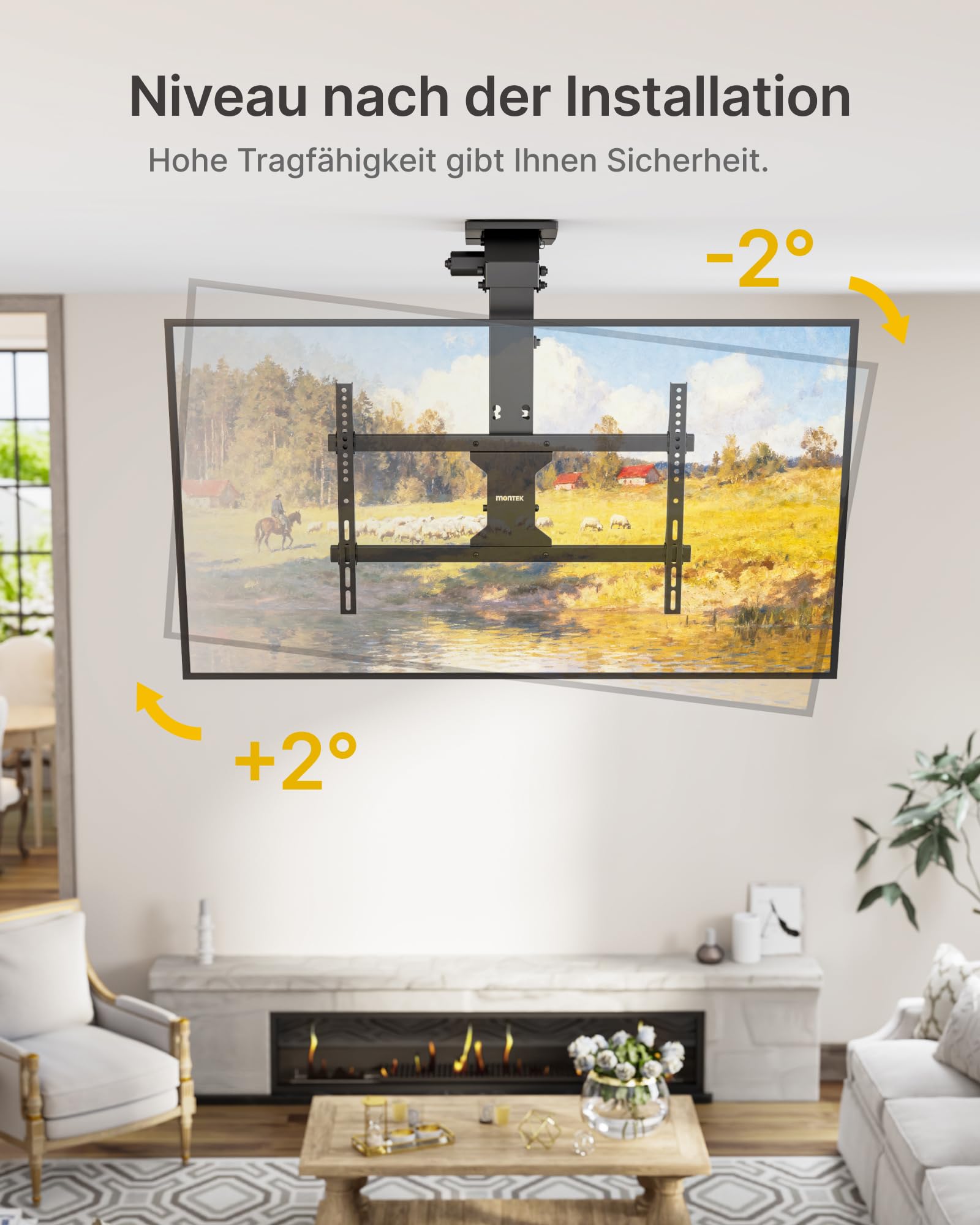 monTEK TV Deckenhalterung Elektrisch für 37-75 Zoll Fernseher,Bis zu 45 kg | Motorisiert absenkbar, für flache & geneigte Decken, Fernbedienung, App- und Sprachsteuerung, leiser Betrieb