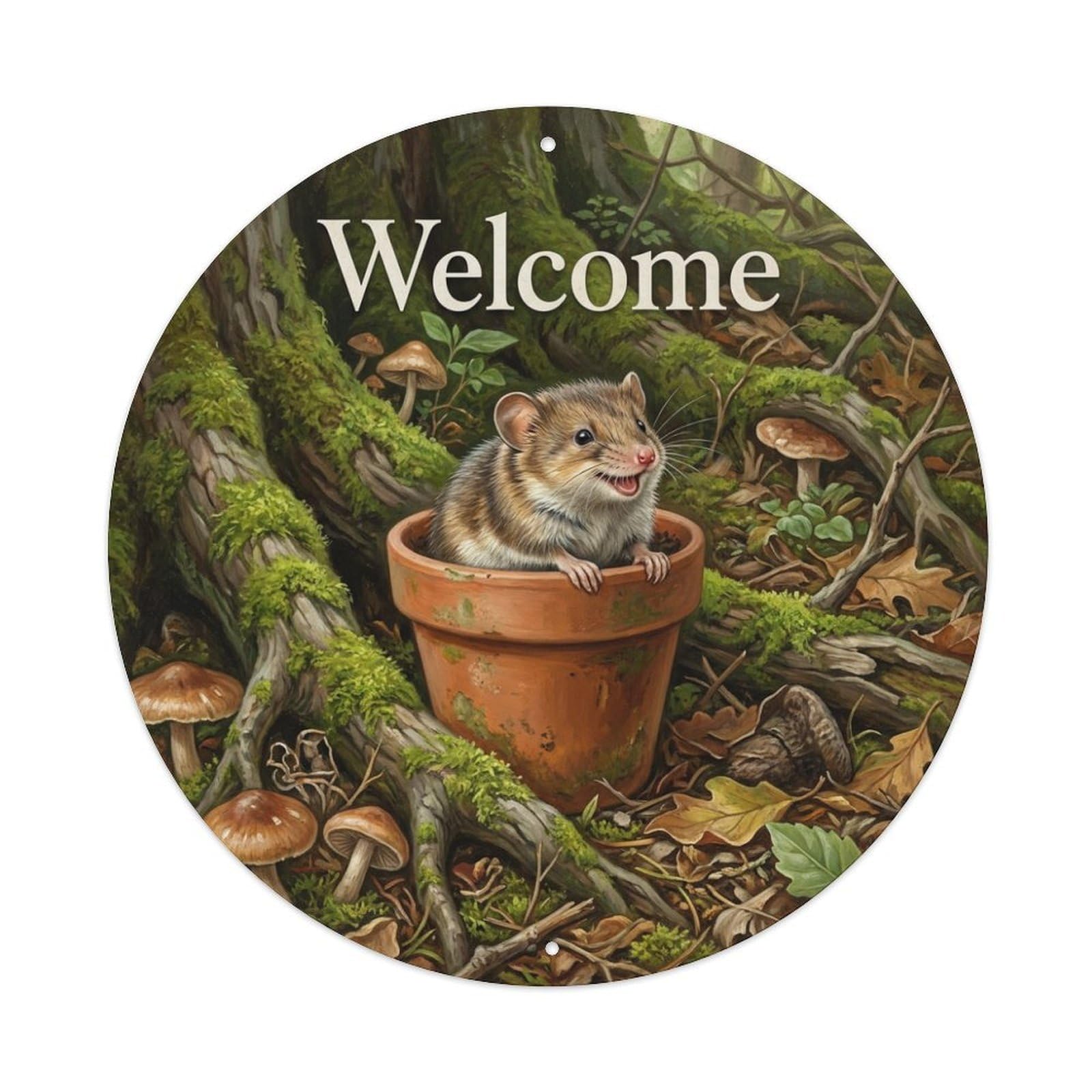 Welcome Shrew Mossy Root Metal Tin Sign