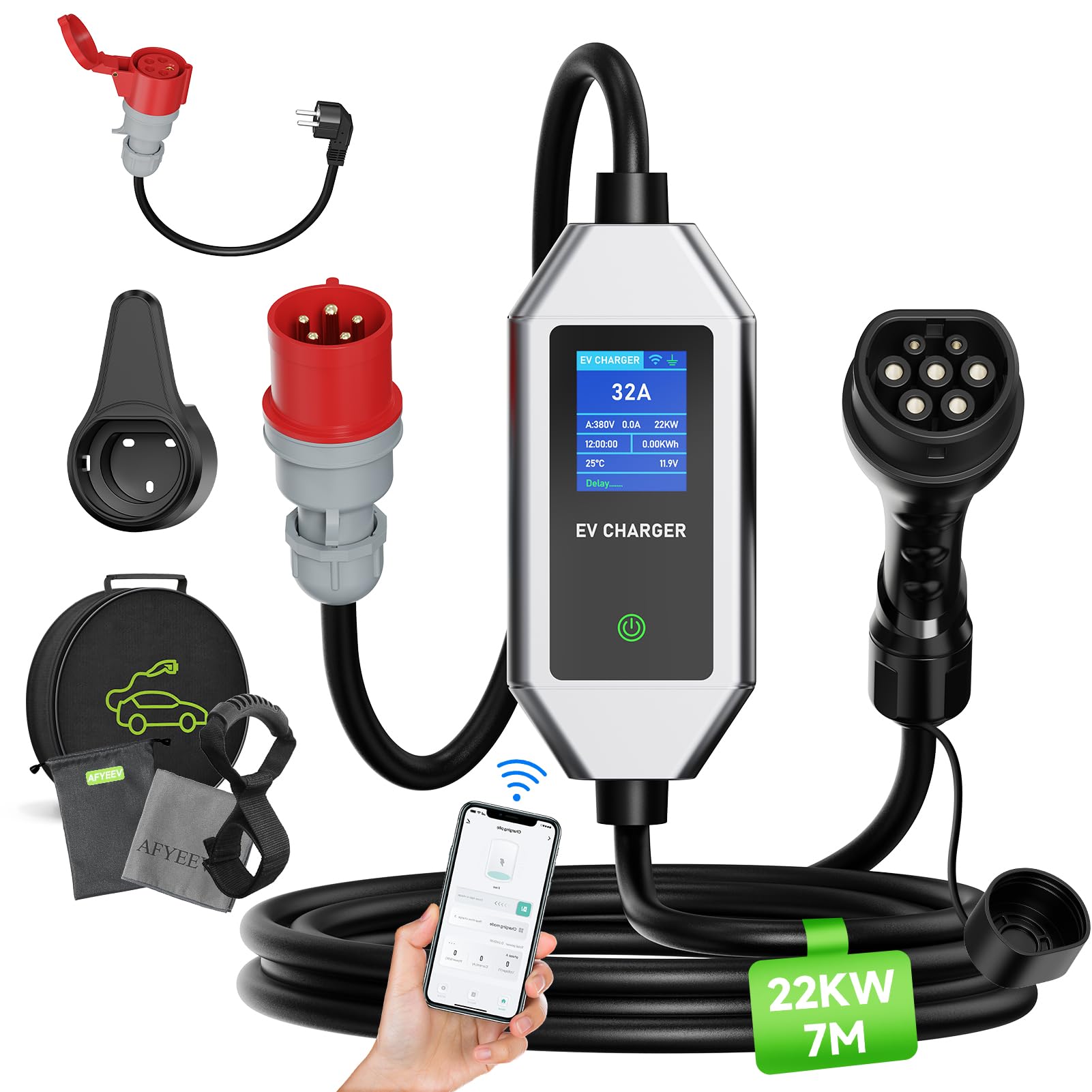 Kabel do ładowania typu 2 wtyczka CEE 22 kW, 3-fazowy 6-32 A-7 m, z regulowaną mocą ładowania, do wszystkich pojazdów elektrycznych i hybrydowych