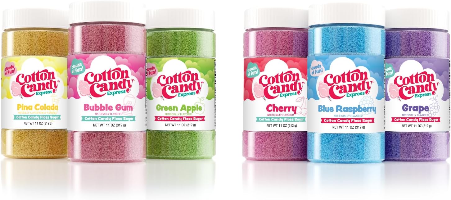Cotton Candy Express Floss Sugar Variety Pack Bundled with six total 11oz Plastic Jars of Cherry, Blue Raspberry, Grape, Bubble Gum, Green Apple, & Pina Colada Flossing Sugars
