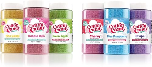 Cotton Candy Express Paquete variado de azúcar de hilo dental con seis frascos de plástico de 11 onzas en total de cereza, frambuesa azul, uva,