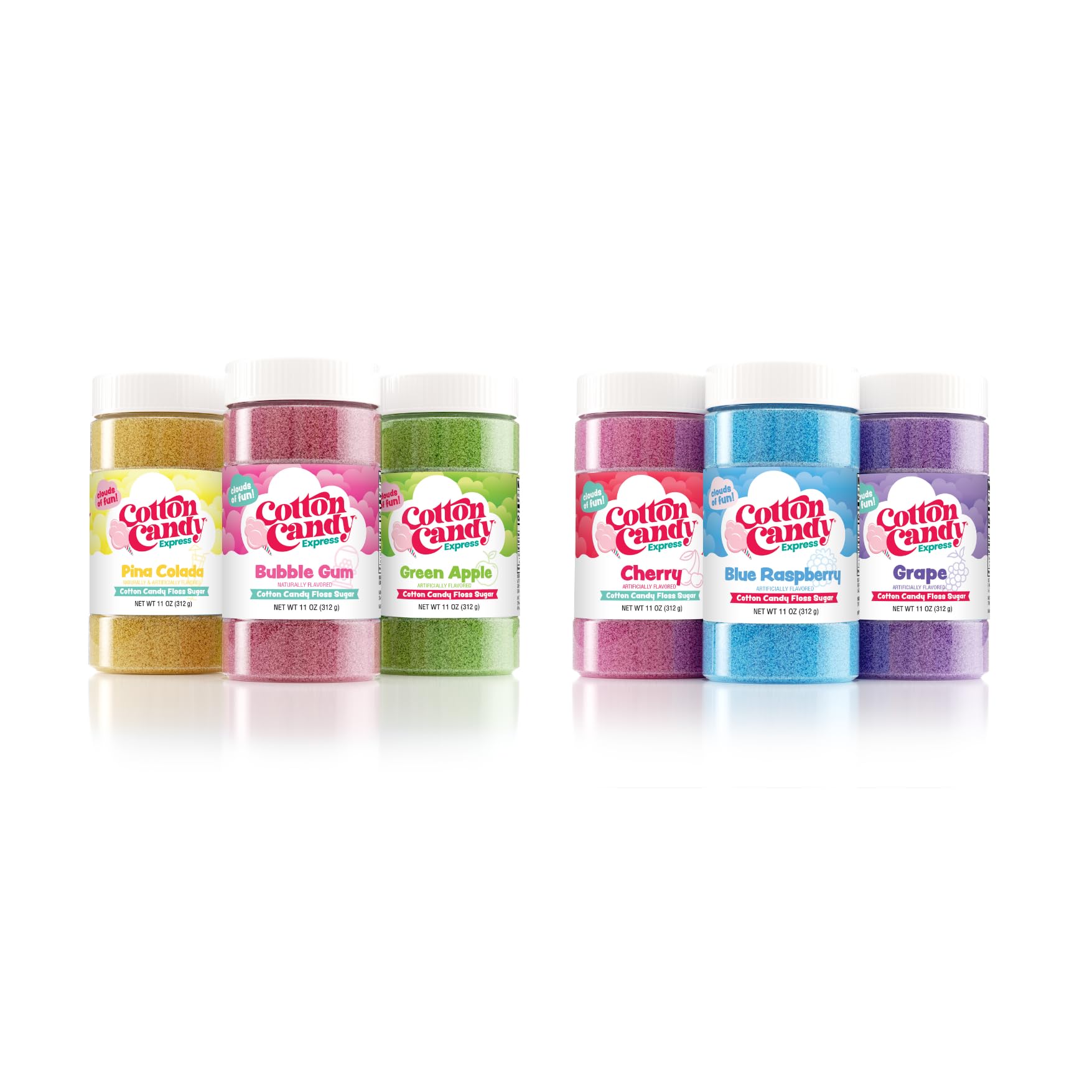 Cotton Candy Express Floss Sugar Variety Pack Bundled with six total 11oz Plastic Jars of Cherry, Blue Raspberry, Grape, Bubble Gum, Green Apple, & Pina Colada Flossing Sugars