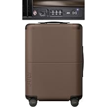 July Carry On with CaseSafe - 20" Built in Tracking, Airline Approved Carry On Luggage with Wheels, Travel Suitcase for Men & Women - Polycarbonate Shell, USB Ports & Ejectable Power Bank - Dark Brown