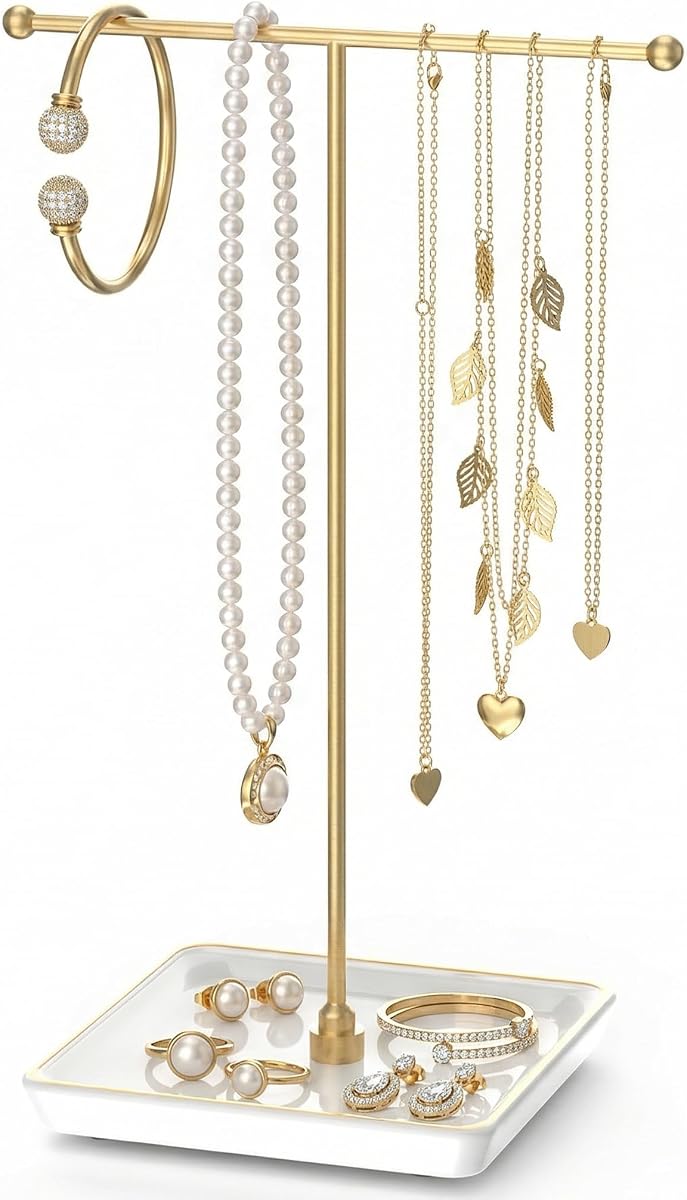 galasily Jewelry Holder Stand with Ceramic Base: 12" Tall Necklace Organizer Rack, Tree Design Display Storage for Necklaces, Bracelets, Rings, Earrings, Aesthetic Vintage Room Décor (Gold)