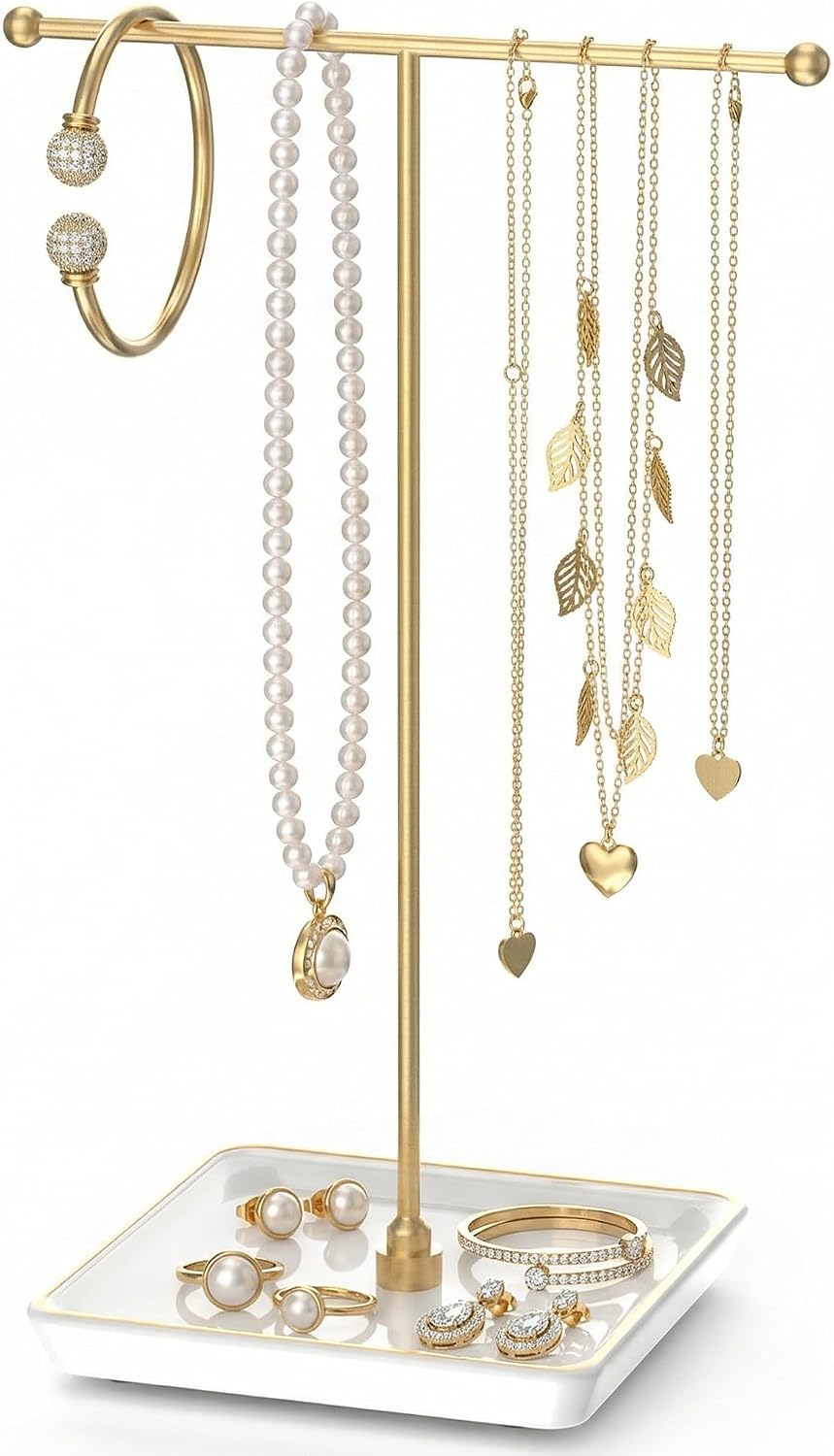 galasily Jewelry Holder Stand with Ceramic Base: 12" Tall Necklace Organizer Rack, Tree Design Display Storage for Necklaces, Bracelets, Rings, Earrings, Aesthetic Vintage Room Décor (Gold)
