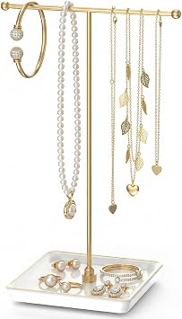 galasily Jewelry Holder Stand with Ceramic Base 12" Tall Necklace Organizer Rack, Tree Design Display Storage for Necklaces, Bracelets, Rings, Earrings, Aesthetic Vintage Room Decor Gold