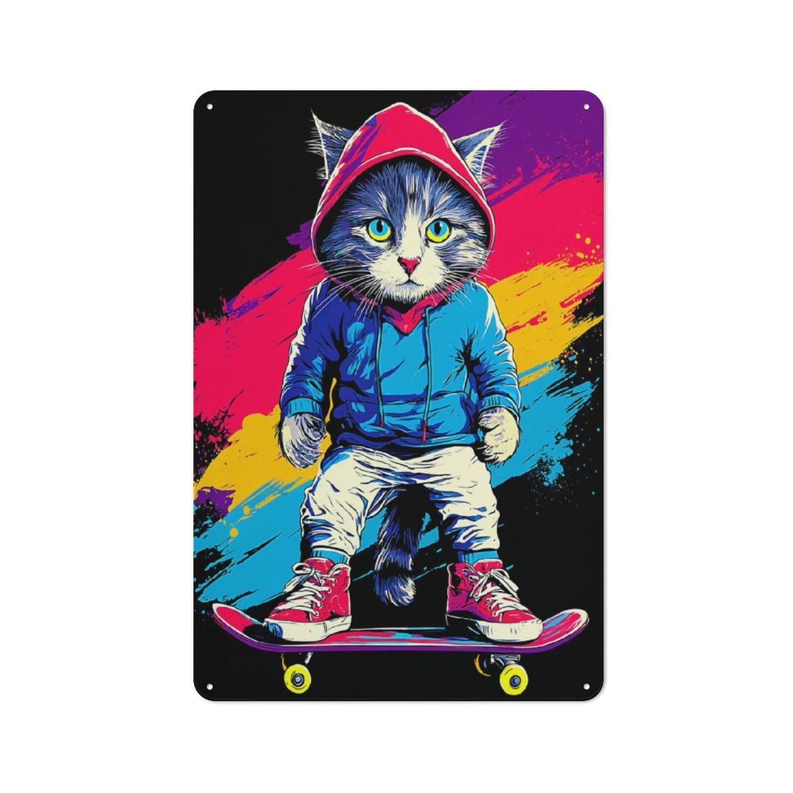 Junmoney Stylish Cat On Skateboard Vintage Metal Sign With Design 30X20cm, Rustic Bar Wall Plaque For Bar, Kitchen, Garage Or Games Room