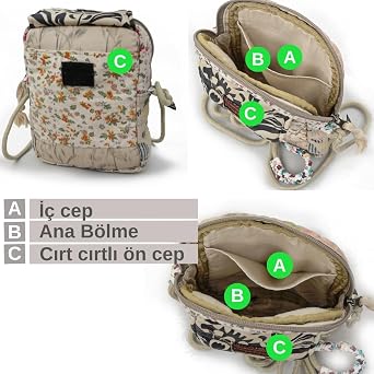 Cappadocia Vintage Kadın Ekru Çiçek Desenli Omuz Çantası 20 x 15 x 6,5 cm Bohem Tarz Mini El Çantası Telefon Çantası Günlük Kullanım