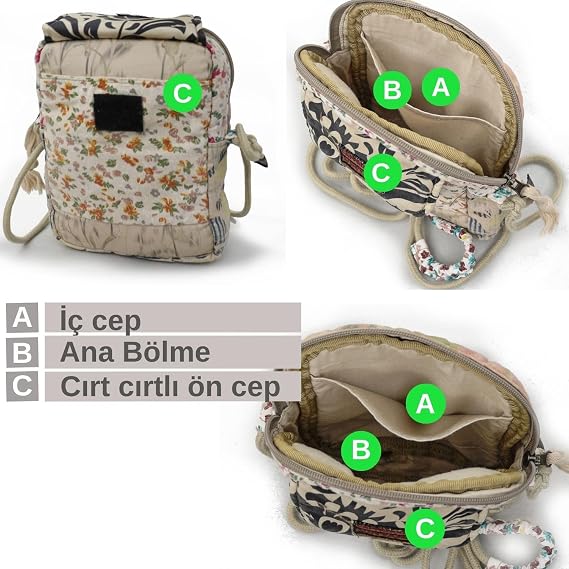 Cappadocia Vintage Kadın Ekru Çiçek Desenli Omuz Çantası 20 x 15 x 6,5 cm Bohem Tarz Mini El Çantası Telefon Çantası Günlük Kullanım