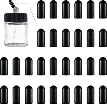 Master Airbrush Siphon Bottle Jar Adapter Cap Covers Pack of 36 - Black Plastic Plugs, Prevent Paint Spills - Fits Single-Action, Dual-Action Bottom Feed, Suction Feed Lid Assembly Connector Fitting