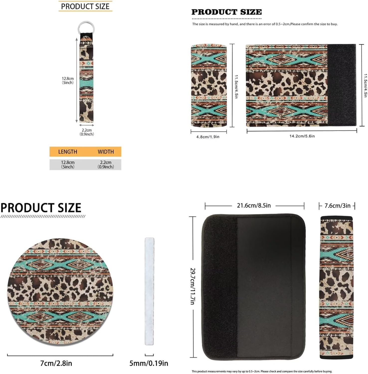17 Pcs Aztec Cow Print Car Seat Covers Full Set with Floor Mats Steering Wheel Cover Shoulder Pads Armrest Pad Keychain Roof Gloves Cup Coaster Universal
