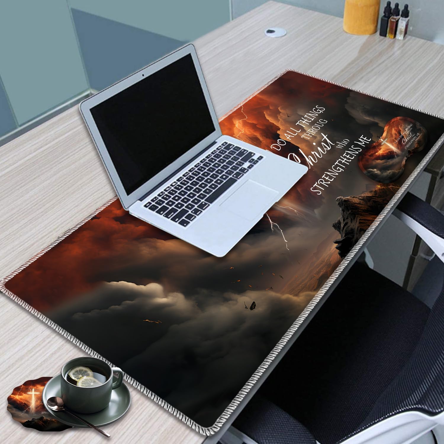 Large Game Mouse Pad + Wrist Support Pad + Coffee Coaster, Desk Pad with Sewn Edges, Anti-Slip Set pad Suitable for Office Work and Home - Holy Cross Bible Philippians 4-13