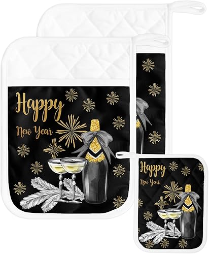Juego de 2 soportes para ollas de cocina con diseño de feliz año nuevo, antideslizantes y aislantes de calor, juego de agarraderas de tela de toalla