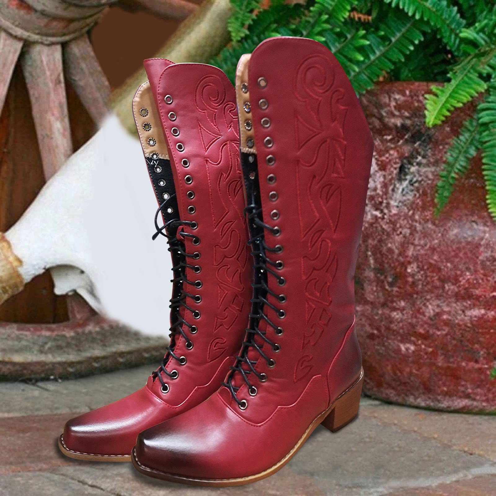 Generico Stivali Donna Mid-Calf in Pelle Artificiale con Lacci Tacco e Suola Spessa per Autunno