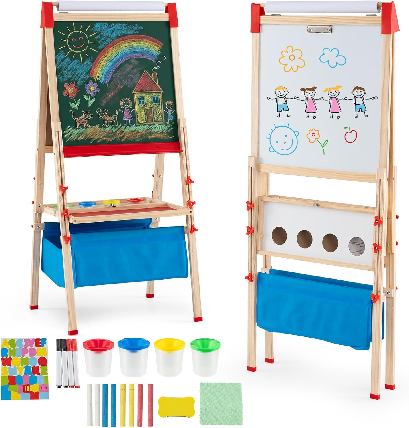 HONEY JOY Art Easel for Kids, Wooden Height Adjustable Folding Double-Sided Toddler Easel w/Magnetic Chalkboard & Whiteboard, Paper Roll, 60+ Accessories, Magnetic Letters, Kids Easel for Boys Girls