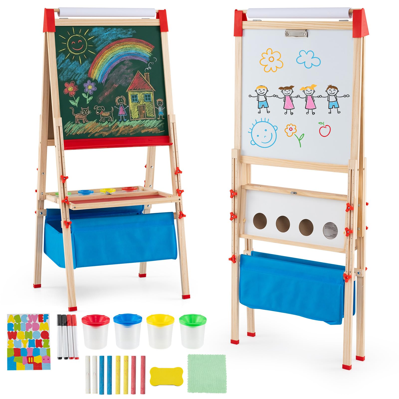 GYMAX Wooden Kids Easel, 3 in 1 Height Adjustable Art Easel with Whiteboard & Chalkboard, Paper Roll, Tool Tray, Storage Bag and Accessories, Double Sided Drawing Easels for Toddlers (120-145cm)