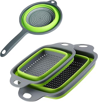 Square Collapsible Colander Set,Save Storage Space Collapsible Colander Strainer with Handle,for Kitchen and Travel Use Green