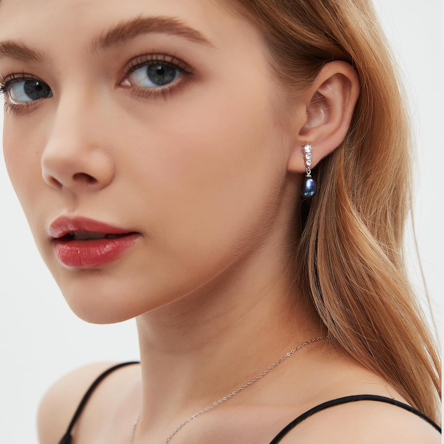 Pearl Drop Earrings, Saltwater Cultured Pearl, 925 Sterling Silver Dangle Earrings with Cubic Zirconia Diamonds, White Gold Plated Jewelry Gifts for Women - Image 4