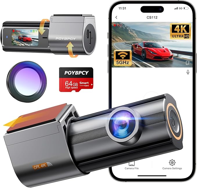 Dash Cam Auto, Dashcam Anteriore 4K con Filtro CPL, Telecamera per Auto WiFi con APP Grandangolo 170°, Sensore G, Sorveglianza Parcheggio 24H, Visione Notturna,Registrazione in Loop,Scheda SD da 64 GB
