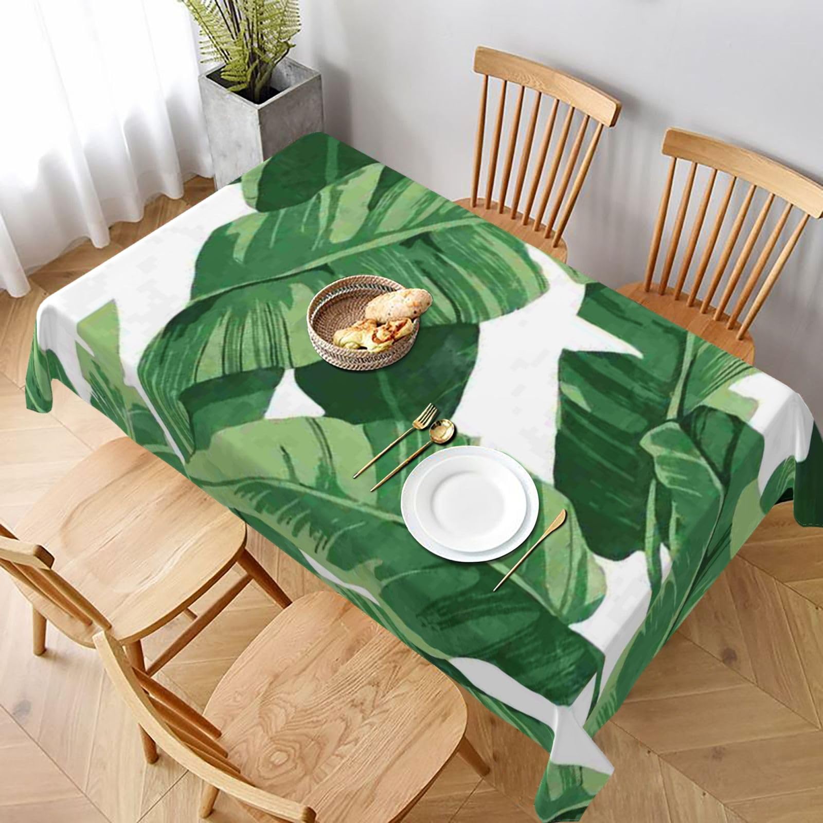 BNVSADC Cute green palm leaves Printed Rectangle Tablecloth 228x152 CM, Water Resistant Polyester Table Cloth Decorative Fabric Table Covers for Kitchen Dining Table Parties Camping
