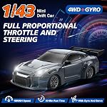 ACAMMZAR Mini RC Voiture drift avec Gyro, 1:43 4WD Proportionnalité complète RC Voitures, 18KM/H Voiture à distance haute vitesse avec lumières, pneus de course supplémentaires, Véhicule pour adultes Enfants Garçons, Gris