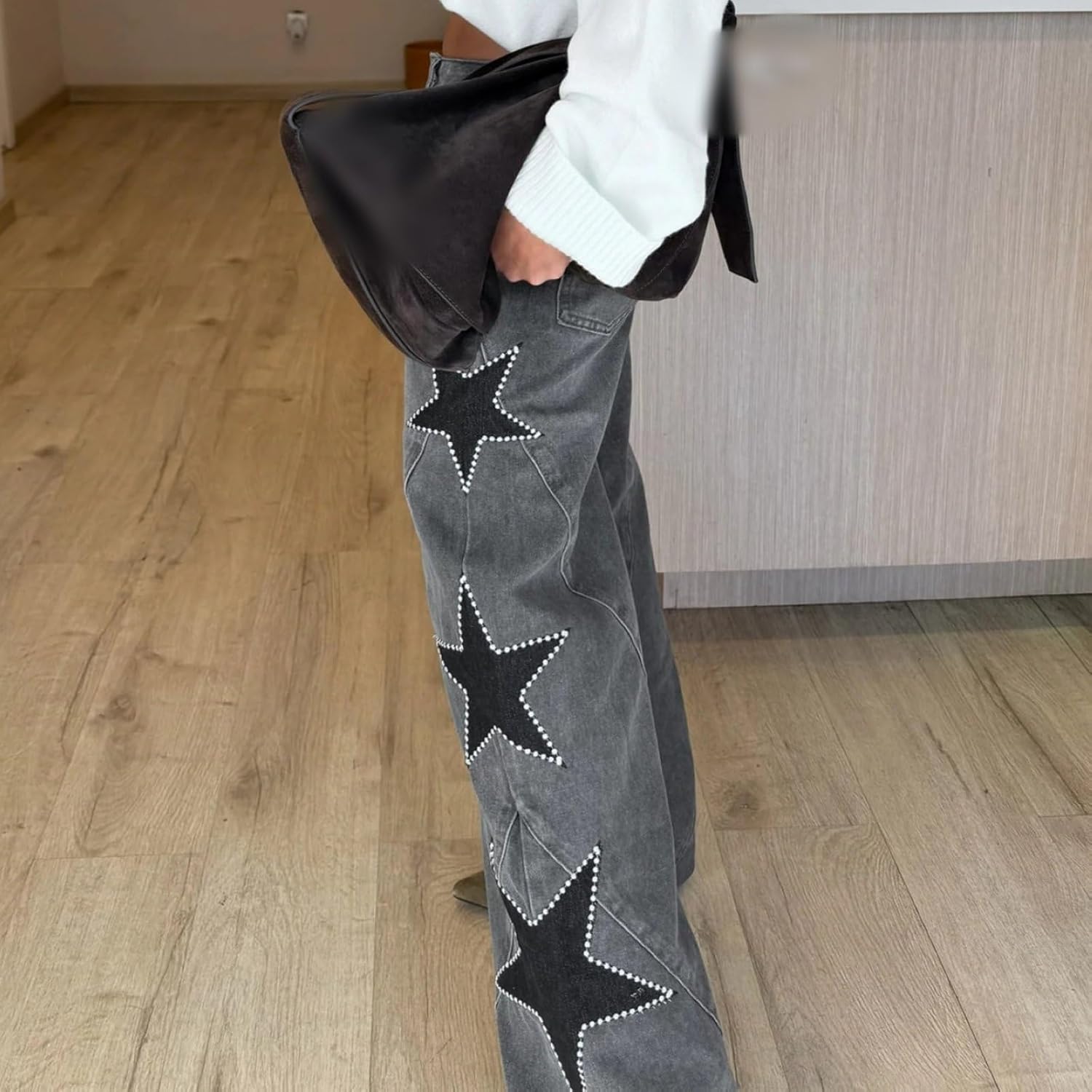 Women's Street Style Fashion Patchwork Button-Up Loose Fit Straight Leg Denim Pants