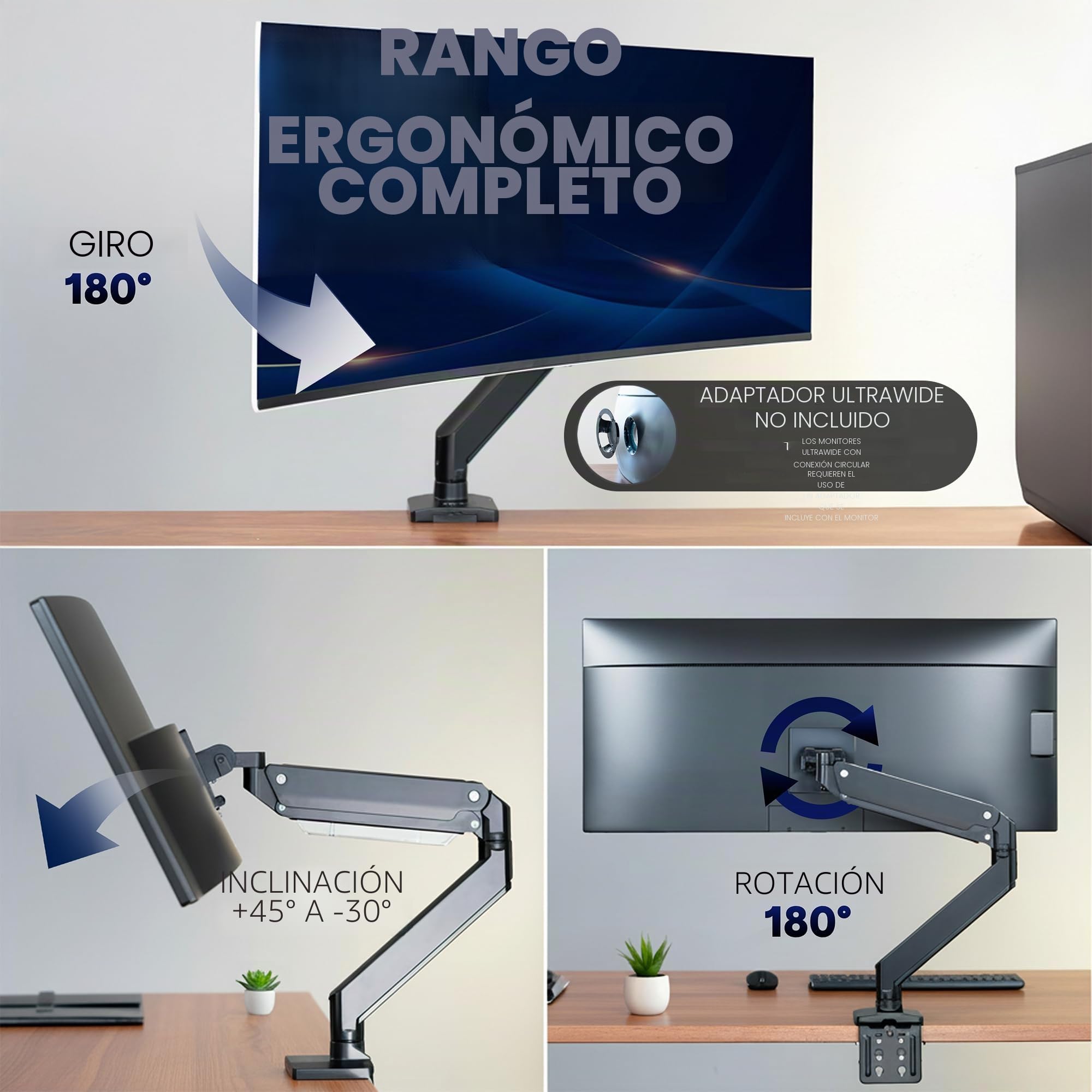 Vivo Brazo de Monitor de Aluminio monitores ultraanchos de hasta 49 Pulgadas y 33 Libras, Soporte de Montaje de Escritorio único, Altura neumática, VESA máxima 100 x 100, Negro,