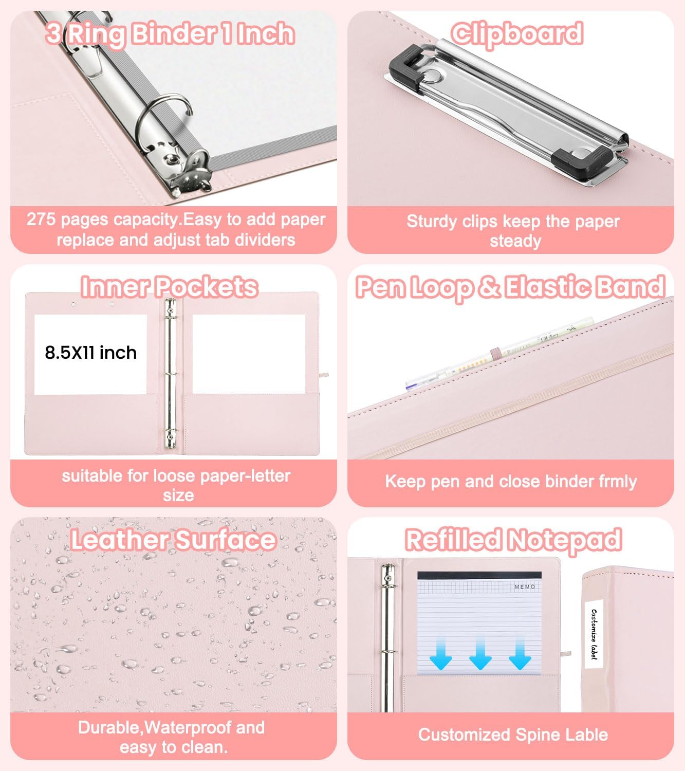 3 Ring Binder with Clipboard,1 Inch Binders with Notepad&5 Dividers with Pockets, Labels,PU Clipboards for School Office(Pink,Letter Size)