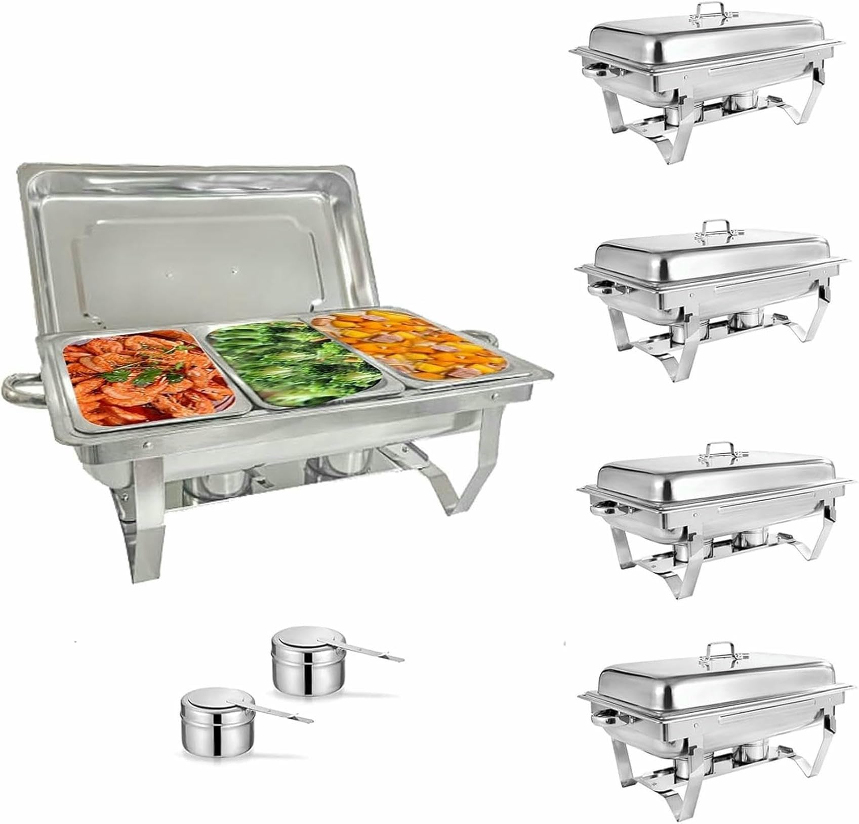 Juego de Buffet Chafing Dish, Calentador de Alimentos portátil, Juego de Buffet Chafing Dish de Acero Inoxidable, para buffets, Bodas, Banquetes y Catering (3 Rejillas, 5 Piezas)